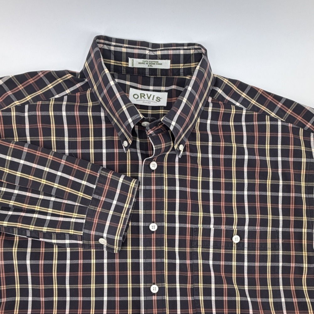 Orvis Mens XXL Plaid Button Down Long Sleeve Cotton Woven Shirt Pockets fall